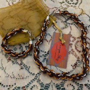 TWISTED baby BEAD Thick ROPE NECKLACE & BRACELET Set *Brown TAN Silver* GIFT BAG